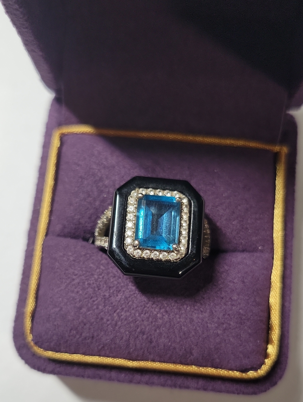 Blue Emerald-Cut Crystal & Black Onyx Halo Ring - Women Jewelry 925